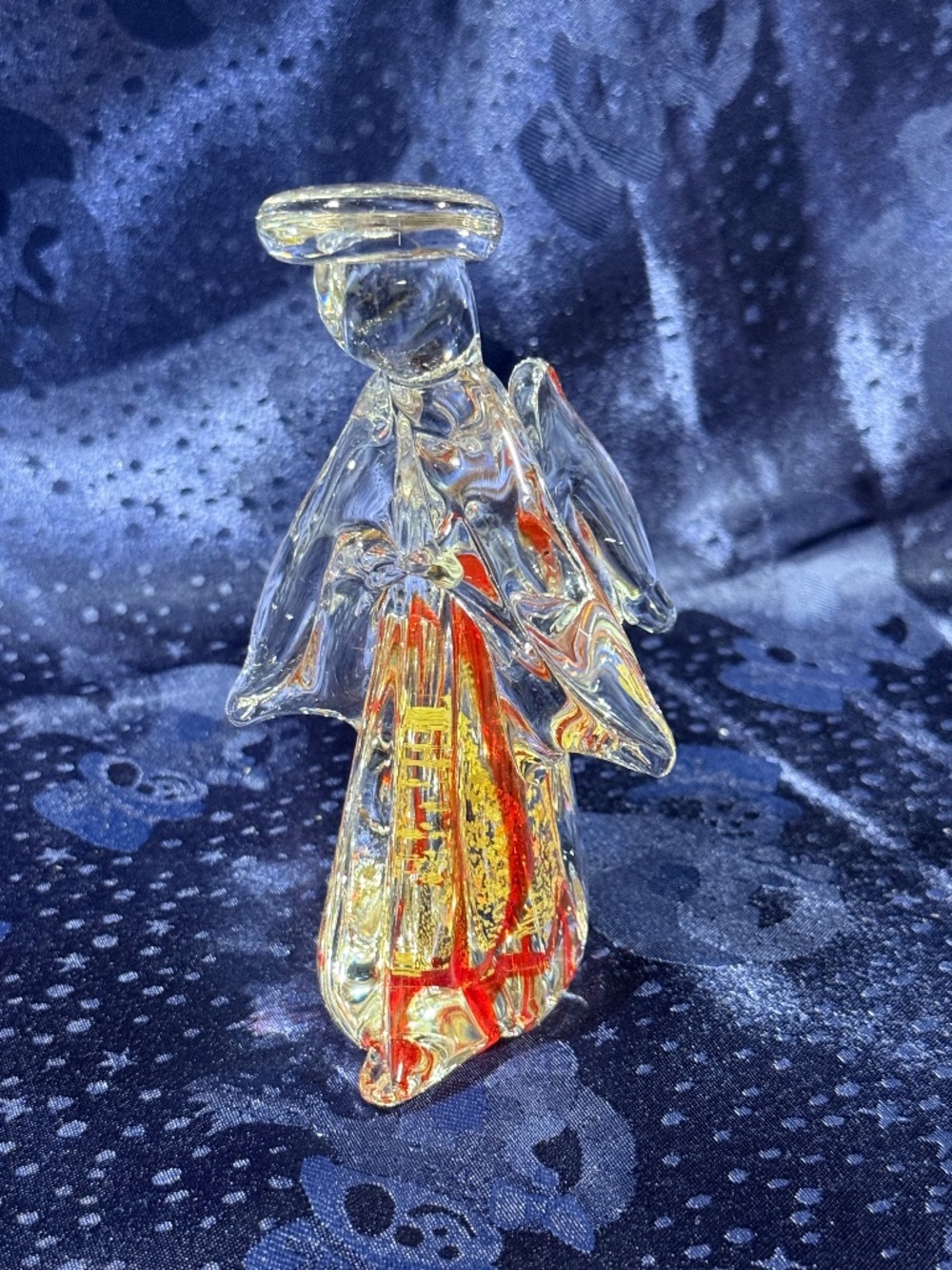 Blown Glass Praying Angel Figurine Clear with Ribbons of Red and Gold Aventurine